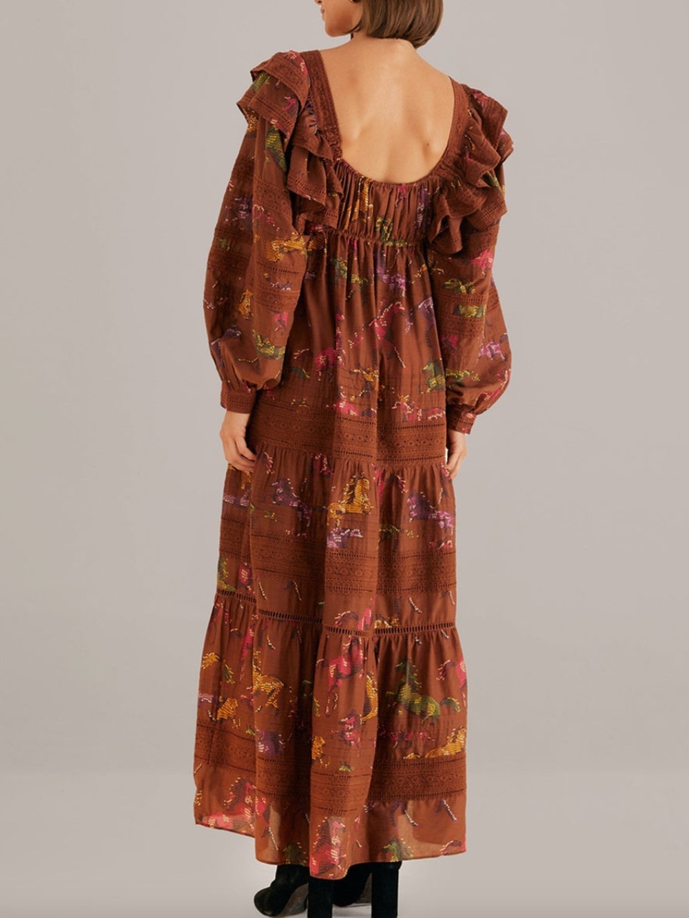FARM Rio Brown Dotted Horses Ruffled Maxi Dress with Square Neckline. Size S - Picture 2 of 16